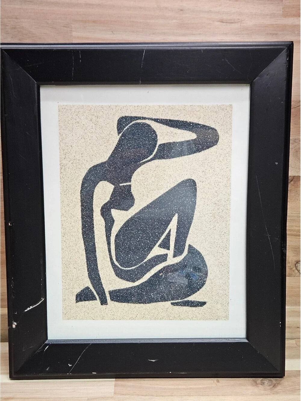 Vintage Framed Matisse Style Black Seated Female Silhouette Textured Sand Art